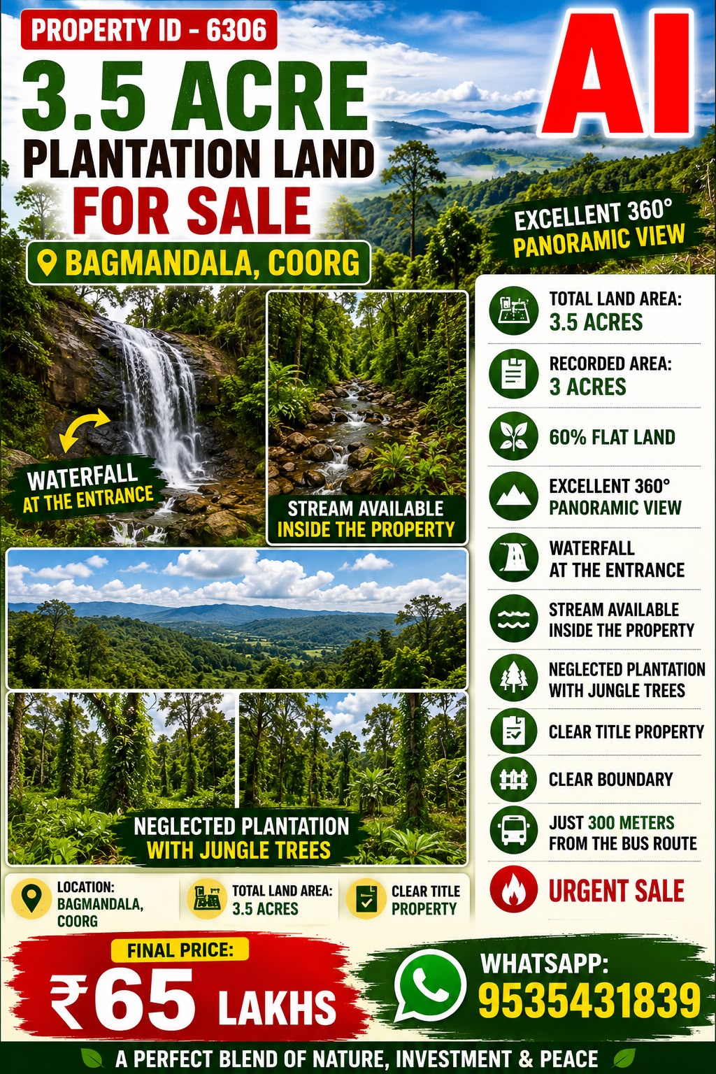 🆔 *PROPERTY ID-6306* 🏡 *3.5 ACRE PLANTATION LAND FOR SALE – BAGMANDALA, COORG*
